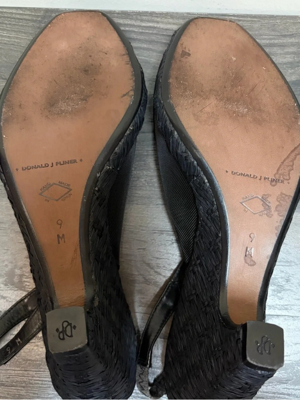 Donald Pliner Black Mesh Raffia Slingback Wedge Heel Sandals Leather Spain Sz 9